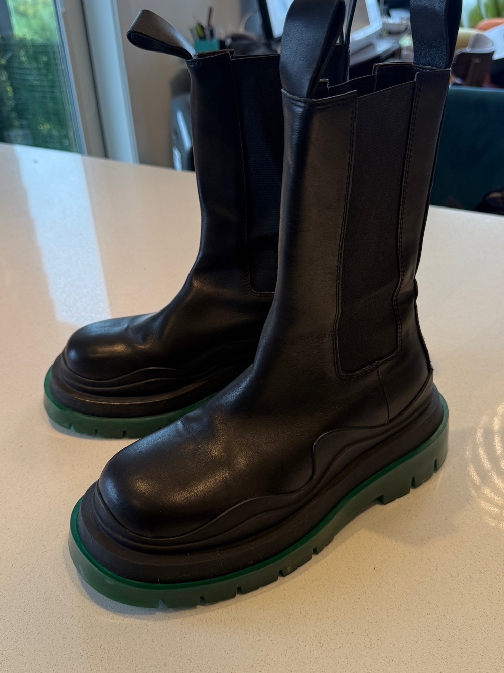 Bottega Veneta Black Leather Tire Boots with Green Lug Sole